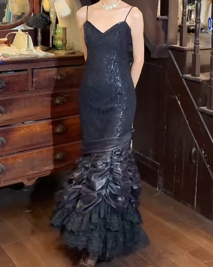 Retro 90s Prom Dress Spaghetti Straps Pleated Mermaid Gala Gown Evening Dress D5296