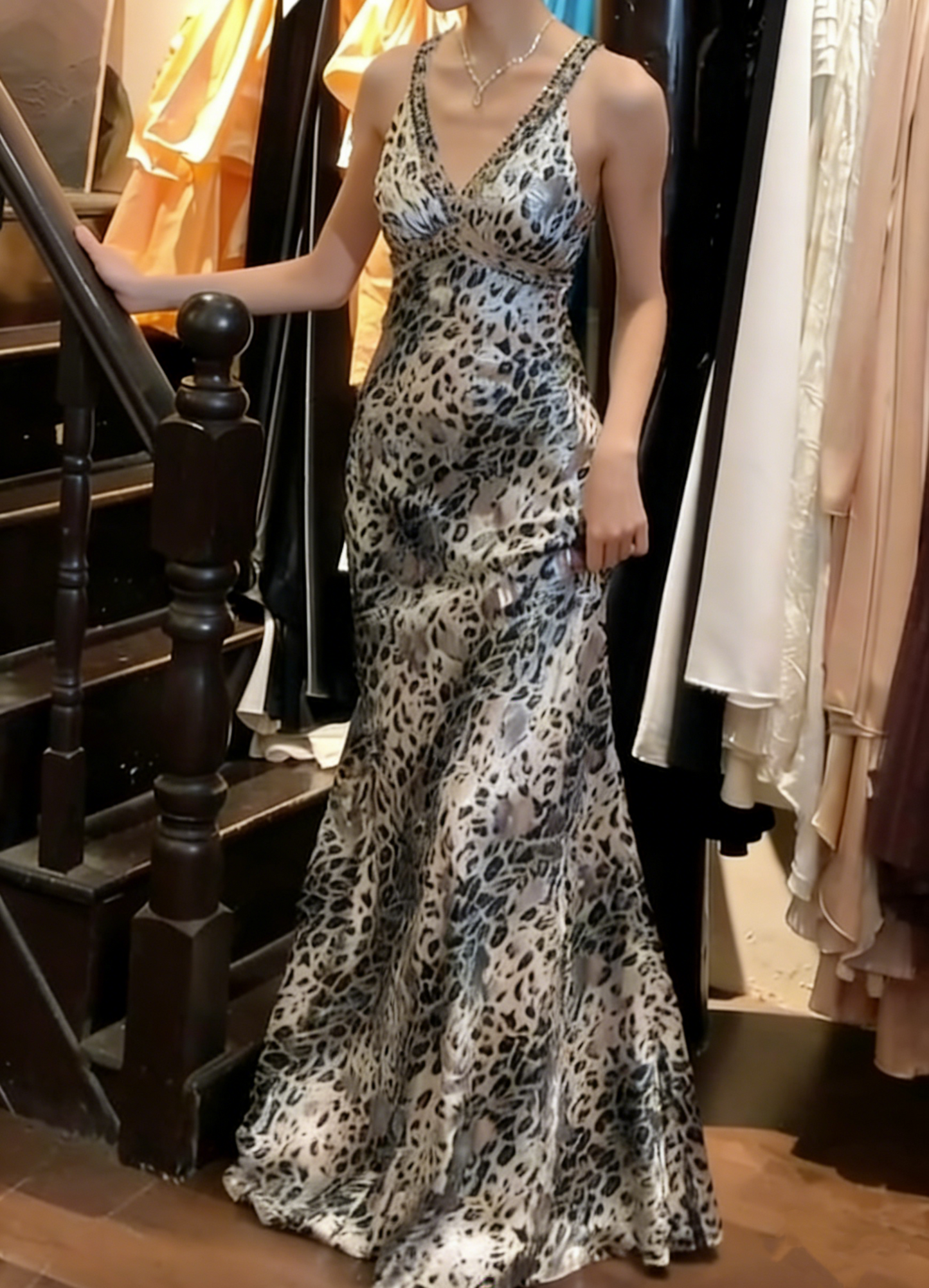 Beauty 90s Prom Dress A Line V-neck Leopard Print Party Dress Gala Gown Evening Dress D5299