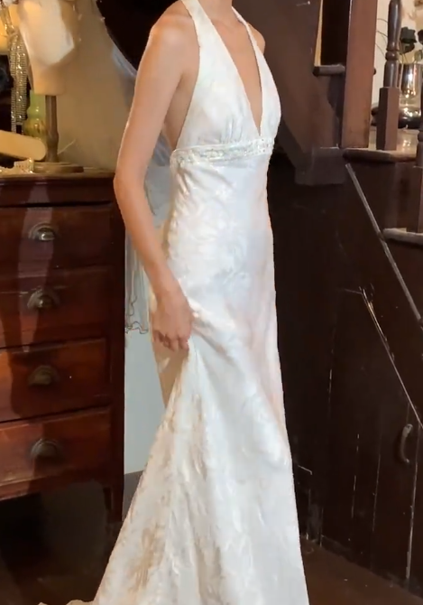 Elgant 90s Prom Dress White V-neck Backless Gala Gown Evening Dress Wedding Dress D5305