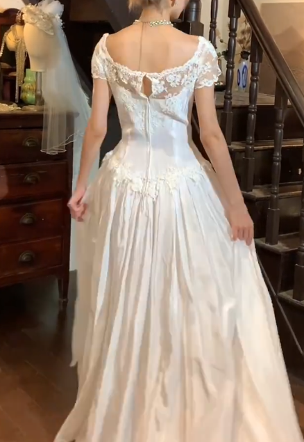 Vintage 90s Prom Dress A Line Square Neck Gala Gown Evening Dress Wedding Dress D5307