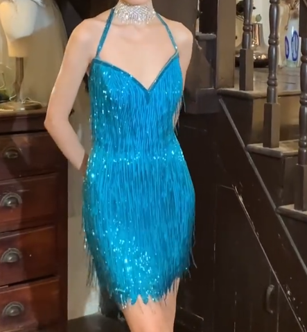 Shiny 90s Prom Dress Blue Halter Gala Gown Evening Dress Cocktail Dress D5314