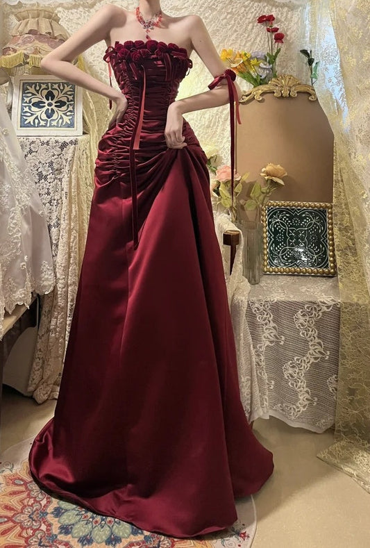 Stunning Prom Dress A Line Wine Red Strapless Pleated Gala Dress Evening Dress 18th Birthday Gown D5334