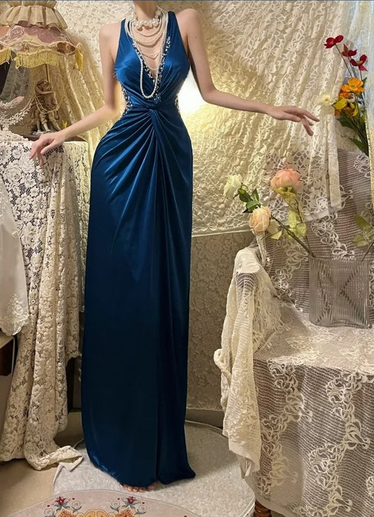 Beauty Prom Dress Navy Blue V-neck Gala Dress Evening Dress 18th Graduation Gown D5340