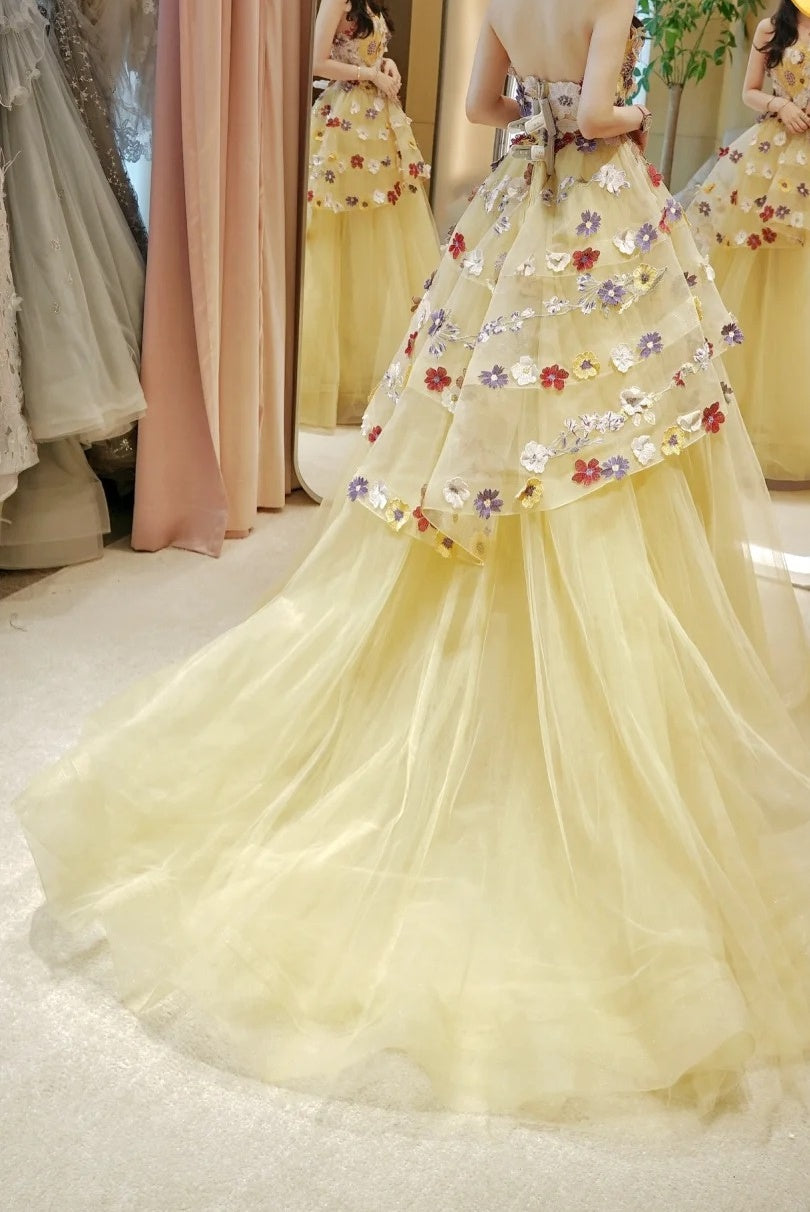 Beauty Prom Dress Light Yellow Strapless Floral Pleated Tulle Gala Dress Evening Dress 18th Graduation Gown D5341