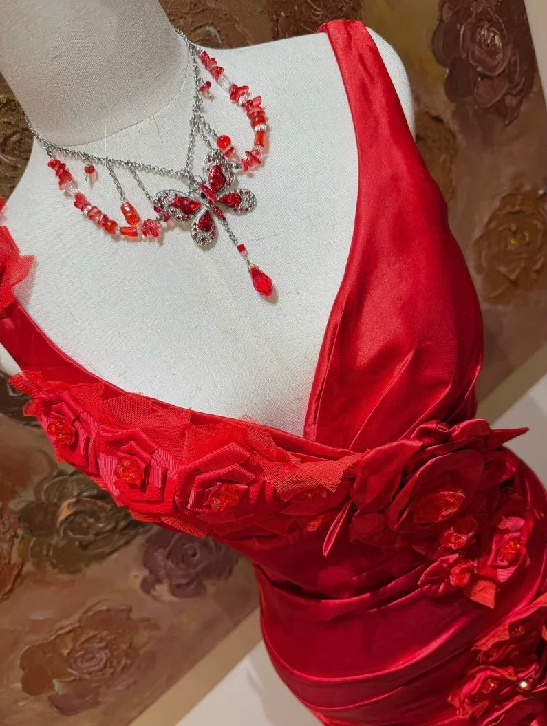 Stunning Prom Dress Red Satin Straps Gala Dress Evening Dress 18th Graduation Gown D5343