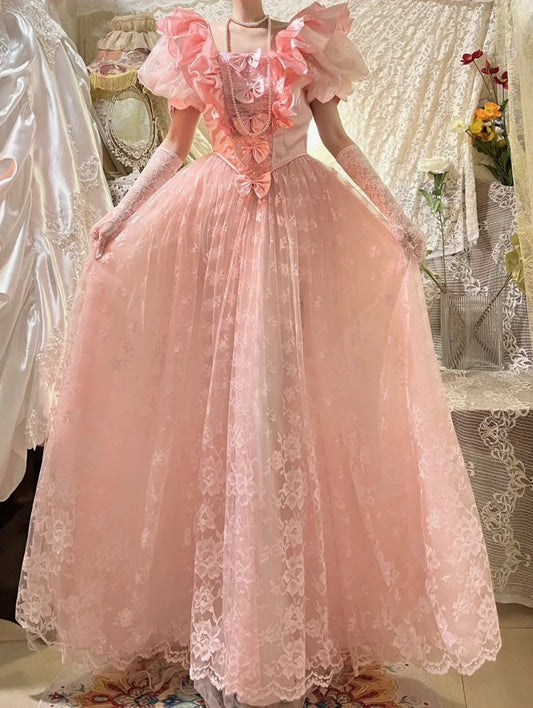 Beauty Prom Dress A Line Pink Square Neck Gala Dress Evening Dress 18th Birthday Gown D5359