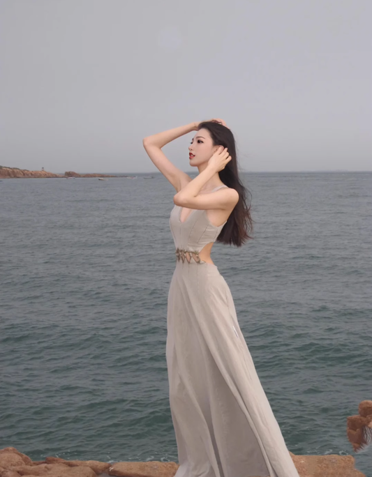 Sexy backless sleeveless dress hollow cold temperament long dress R0486