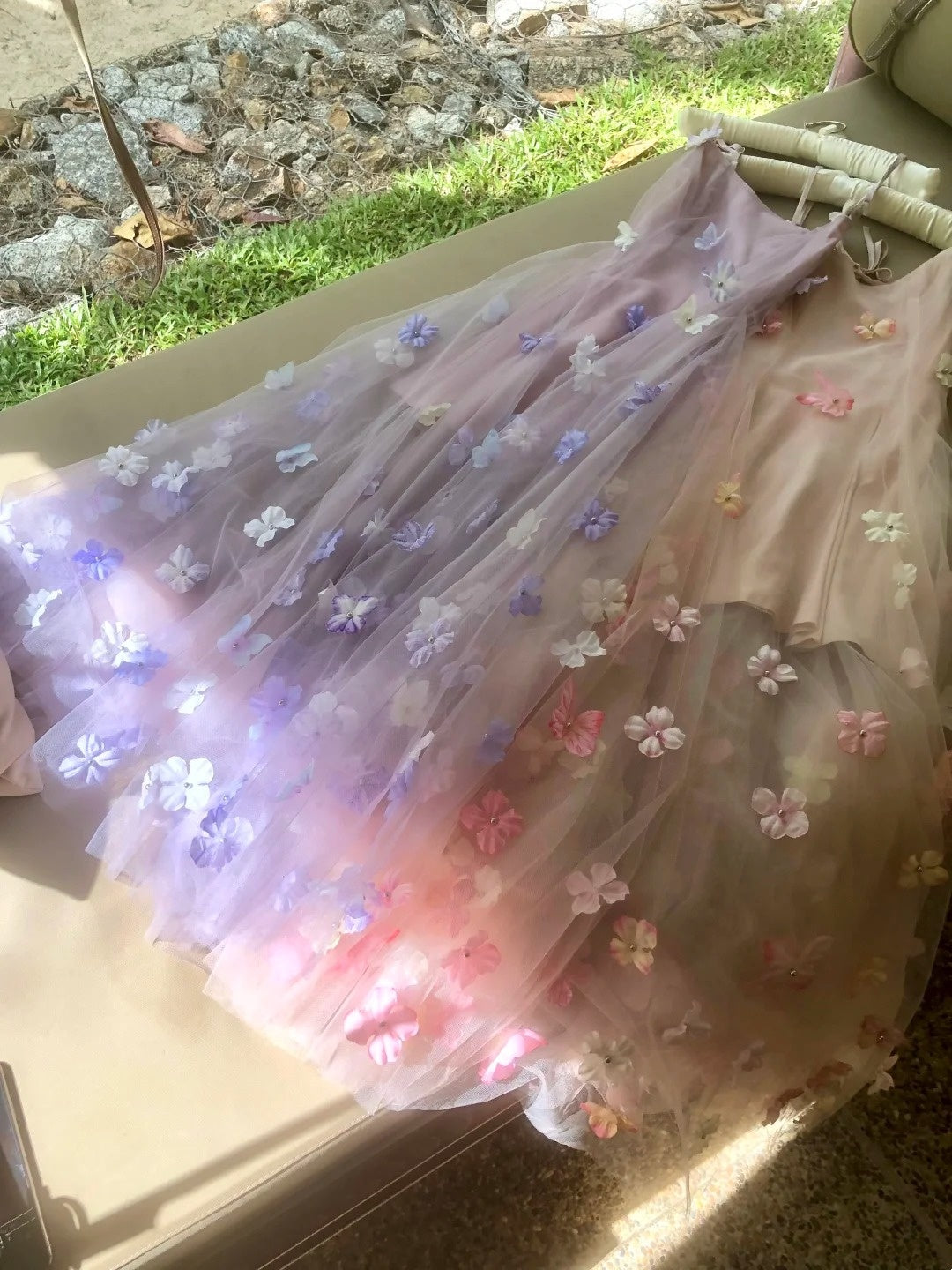 Charming Prom Dress Spaghetti Straps Pleated Tulle Floral Gala Dress Evening Dress 18th Birthday Gown D5366