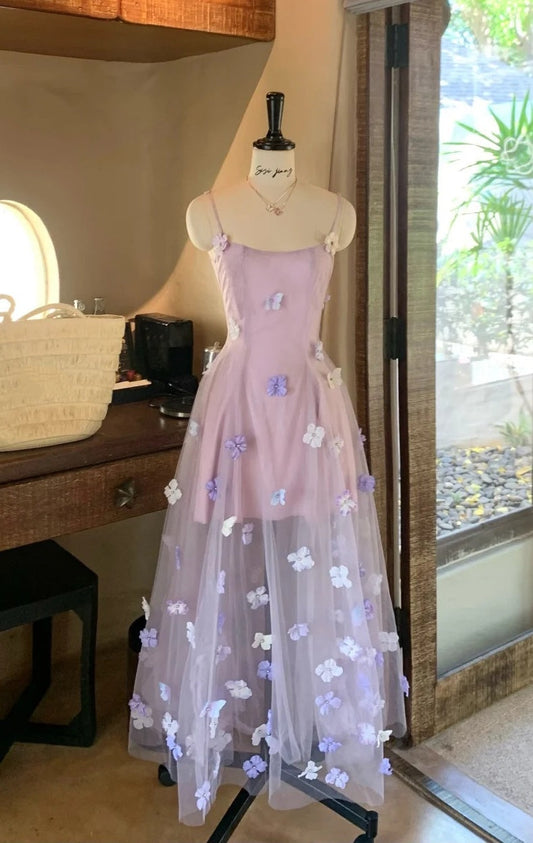Charming Prom Dress Spaghetti Straps Pleated Tulle Floral Gala Dress Evening Dress 18th Birthday Gown D5366