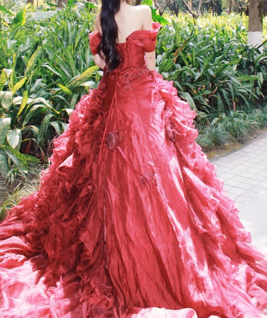 Gorgeous Ball Gown Red Off Shoulder Pleated Evening Dress Sweet 16th Dress Birthday Prom Gown D5385
