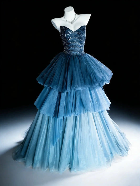 Elegant Ball Gown Ombre Blue Sweetheart Pleated Evening Dress Quniceanera Dress Birthday Prom Gown D5393