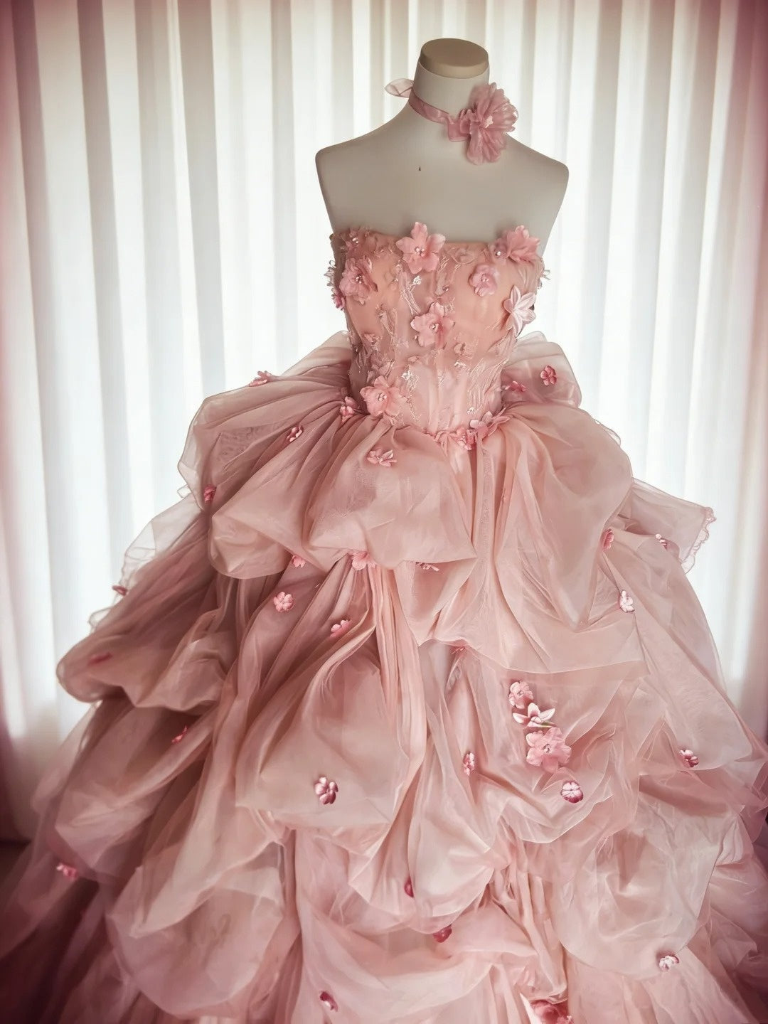 Beauty Ball Gown Pink Strapless Pleated Floral Evening Dress Quniceanera Dress Birthday Prom Gown D5397
