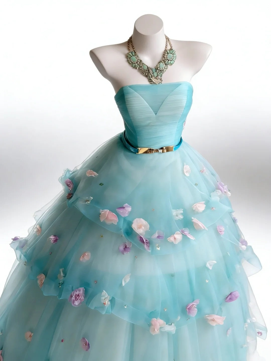 New Arrival Ball Gown Strapless Tiered Tulle Floral Evening Dress Sweet 16th Dress Birthday Prom Gown D5412