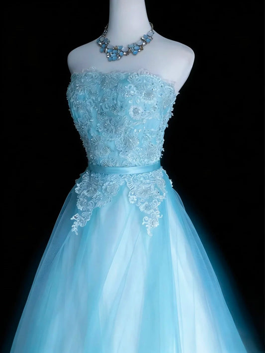 Pretty Ball Gown Light Blue Strapsless Pleated Tulle Evening Dress Quinceanera Dress Birthday Prom Gown D5416