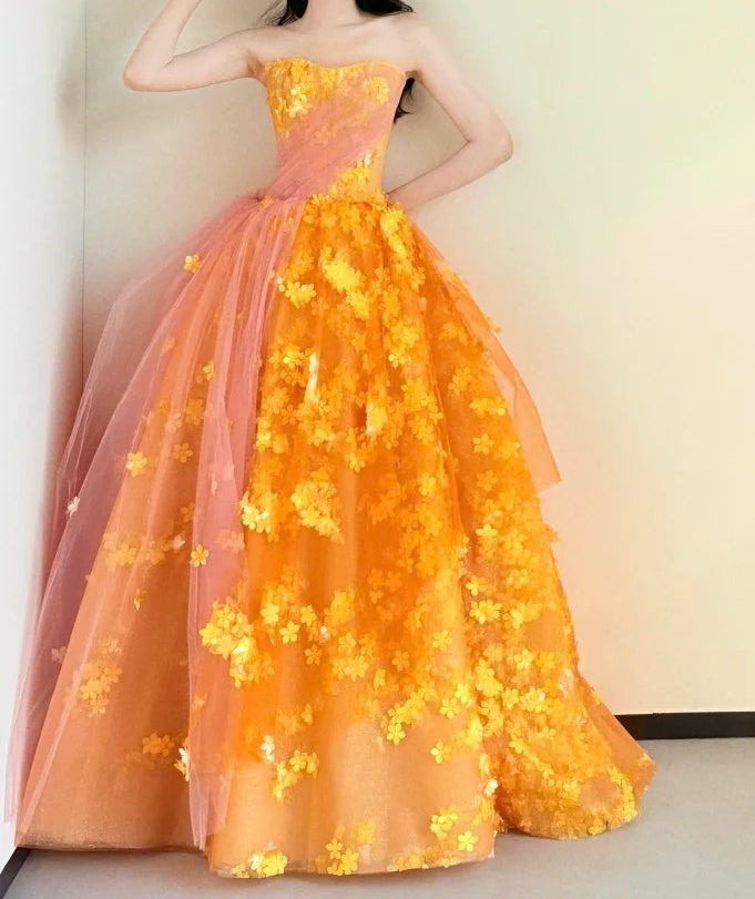 Beauty Prom Dress A Line Strapless Tulle Floral Gala Dress Evening Dress Formal Gown D5464