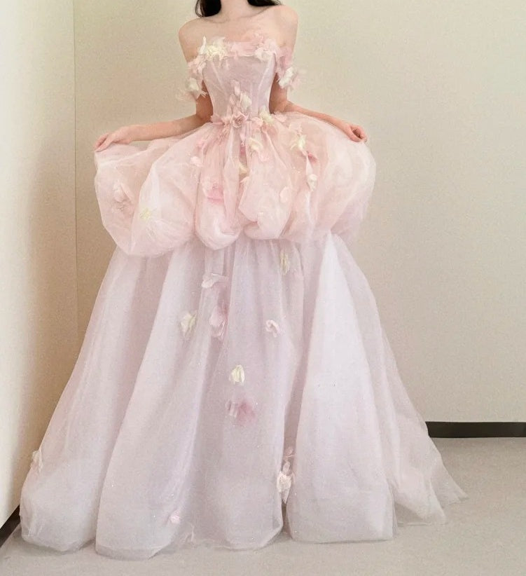Pretty Ball Gown Light Pink Off Shoulder Floral Evening Dress Quinceanera Dress Birthday Prom Gown D5466