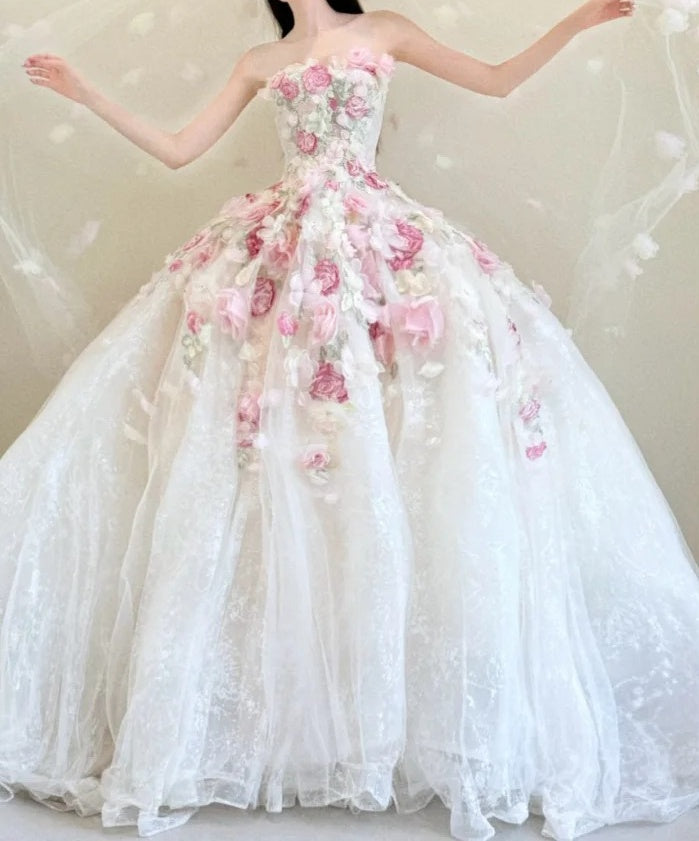 Charming Ball Gown Strapless Floral Evening Dress Quinceanera Dress Birthday Prom Gown D5467