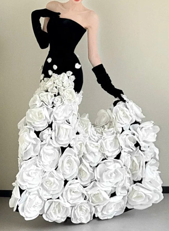 Elegant Prom Dress Black Strapless Flower Mermaid Gala Dress Evening Dress D5469