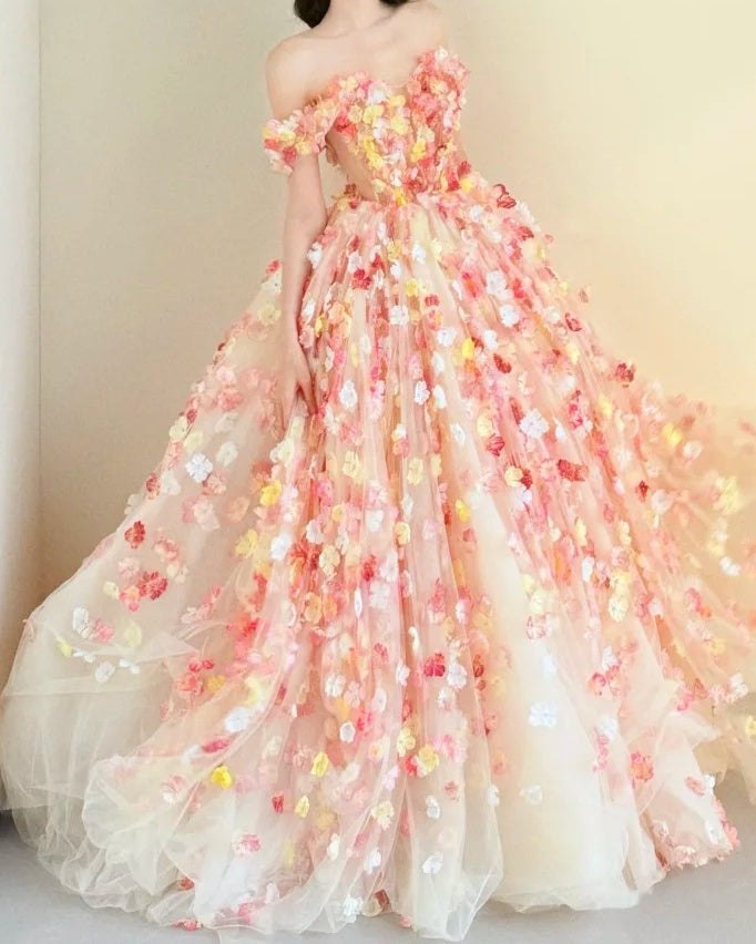 Pretty Ball Gown Off Shoulder Floral Evening Dress Quinceanera Dress Birthday Prom Gown D5471