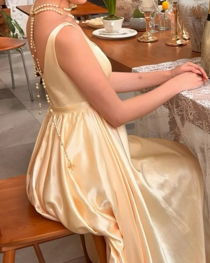 Charming Prom Dress Yellow Satin A Line Square Neck Impeiral Dress Gala Dress Evening Dress D5480