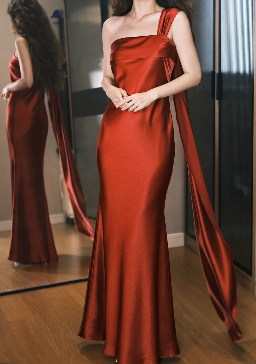 Elegant Prom Dress Wine Red Satin Off Shoulder Pleated Gala Dress Evening Dress D5490