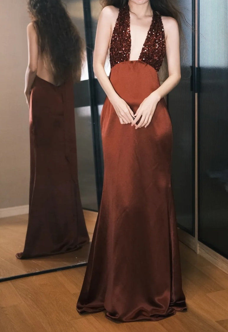 Gorgeous Prom Dress Wine Red Satin Halter Gala Dress Evening Dress D5491