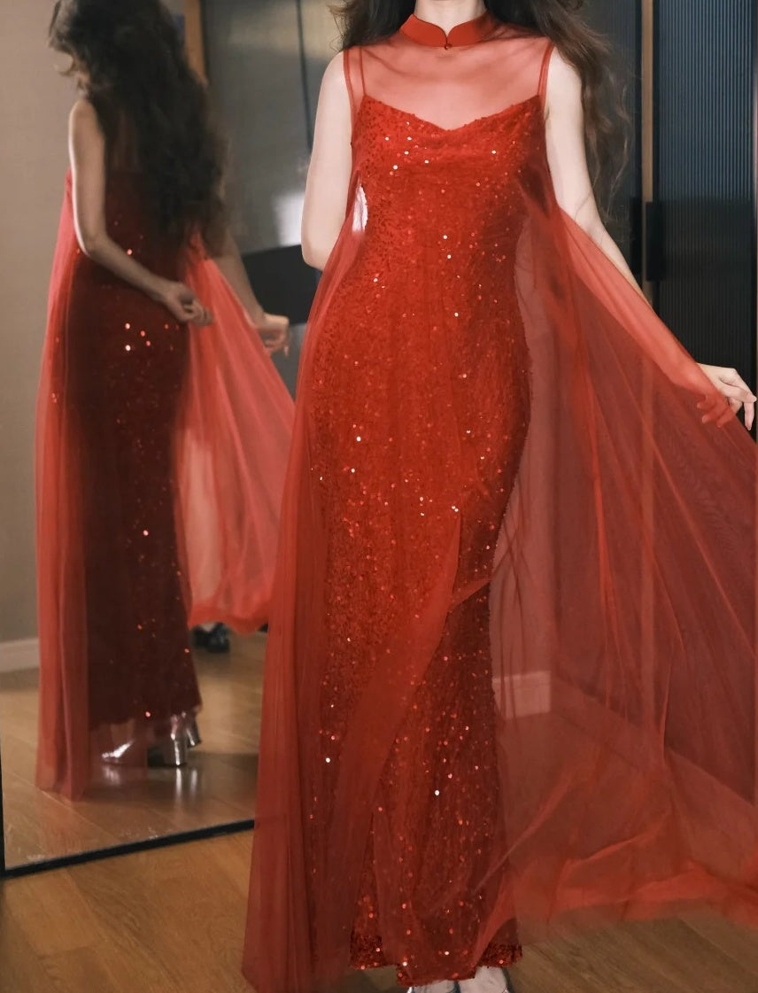 Shiny Prom Dress Red Sapghetti Straps Tulle Gala Dress Evening Dress D5493