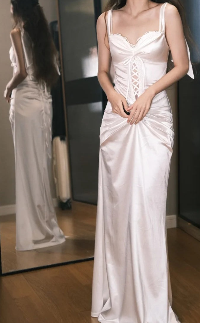 Stunning Prom Dress White Satin Spaghetti Straps Pleated Gala Dress Evening Dress D5499