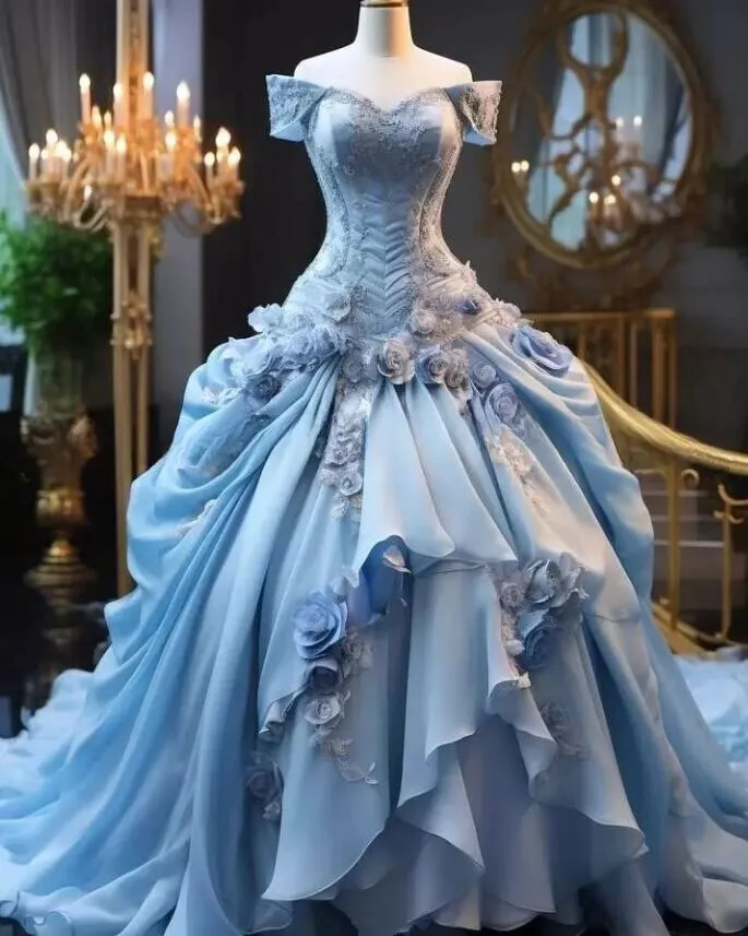 Luxury Off The Shoulder 3D Flowers Sweet 16 Ball Gown Princess Pleated Quinceanera Dress cc1584