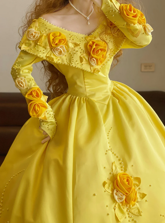 Yellow V-neck Long-sleeve Waist-Cinched Puff-Skirt Ball Gown & Bridal Gown R7371