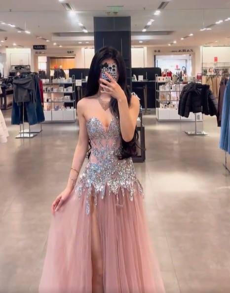 Light pink strapless waist-cinching slim-fit slit long prom dress R7916