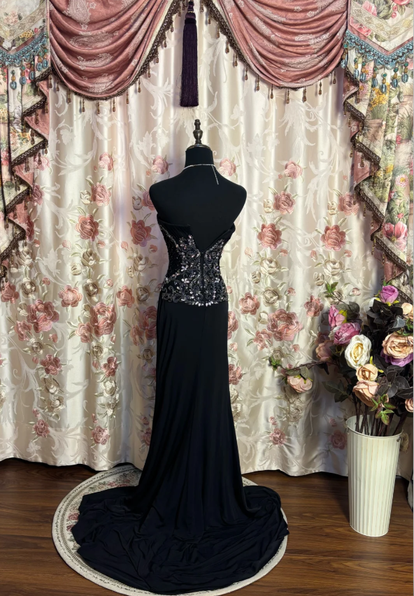 Stylish Black Strapless Beaded Satin Mermaid Slit Evening Dress Long Wedding Guest Dress SP1607
