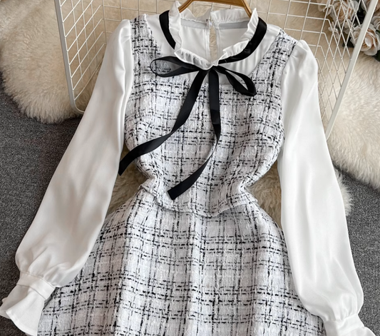 Little Chanel style celebrity temperament fake two-piece long-sleeved stand-up collar waist A-line coarse flower dress R0387