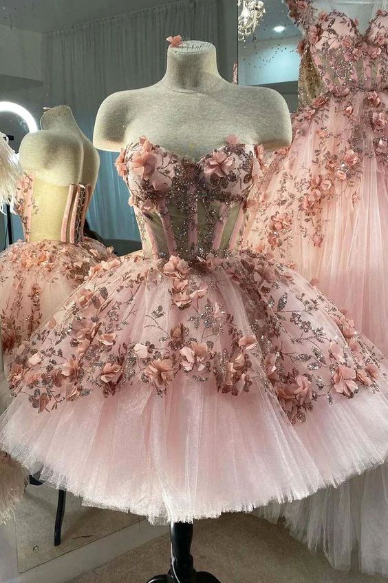 Princess Sparkly Sweetheart Homecoming Dresses with 3d Flowers, Pink Sweet 16 Dresses fg2477