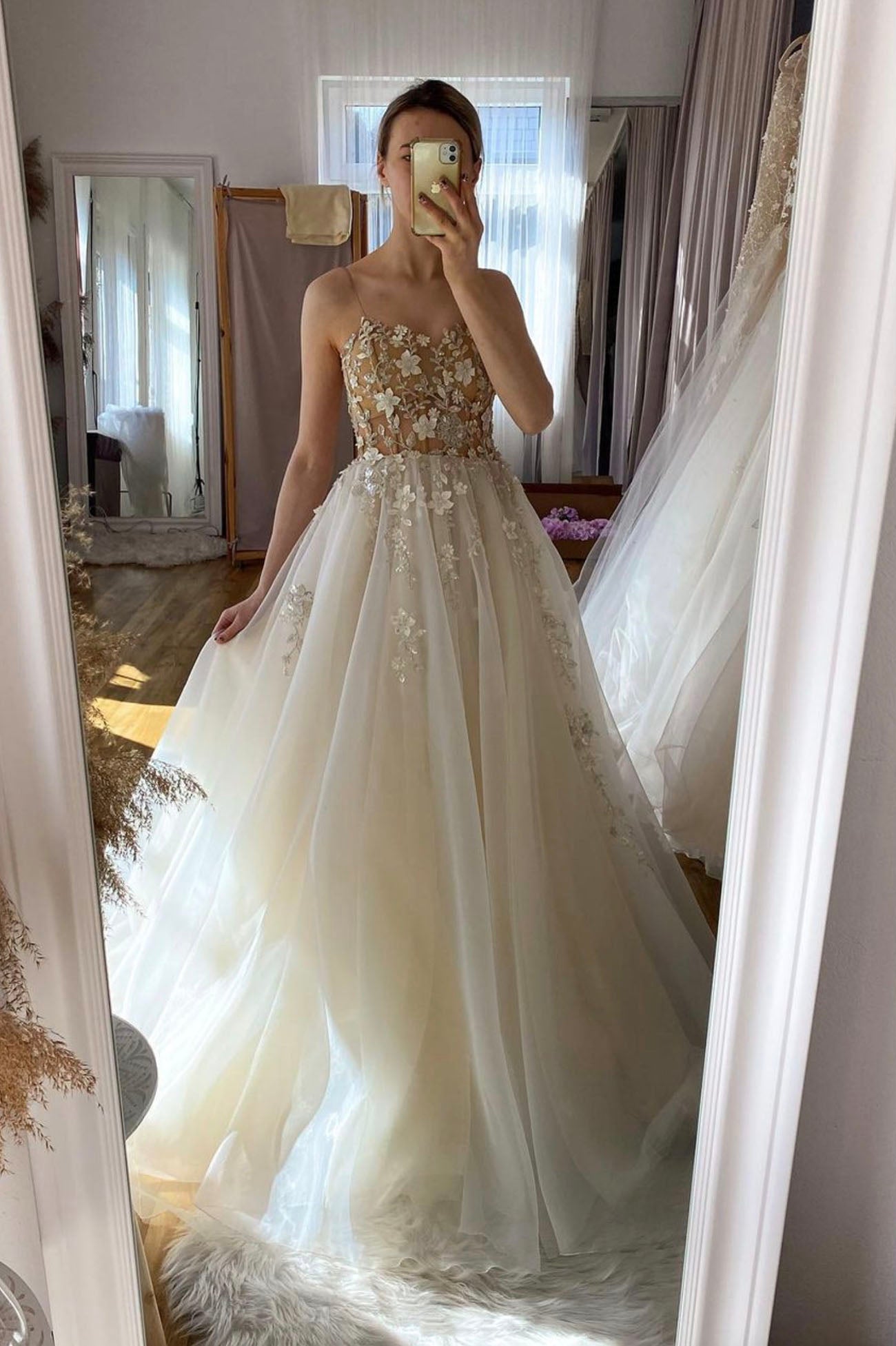 CHAMPAGNE CHIFFON BEADS LONG PROM DRESS A LINE EVENING DRESS fg2398