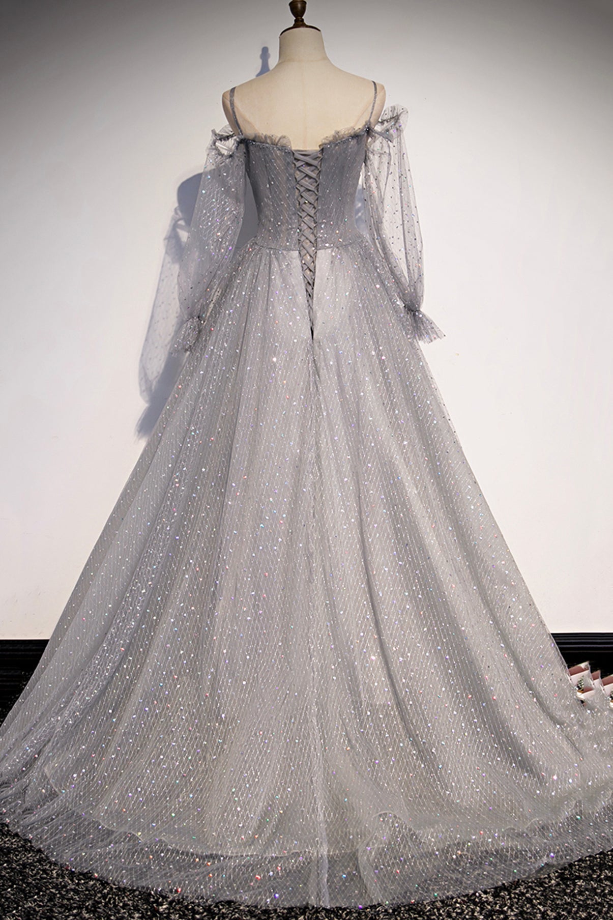 GRAY TULLE SEQUINS LONG A LINE PROM DRESS EVENING DRESS fg2251