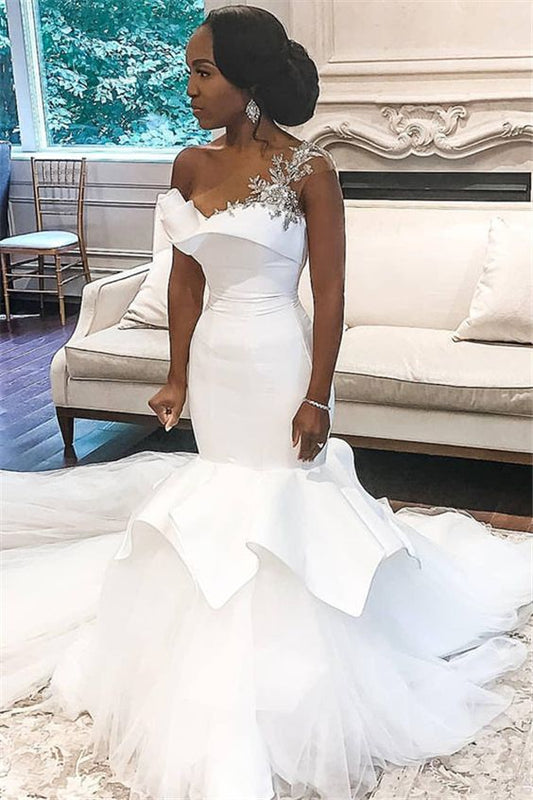 One shoulder Mermaid Bridal Wears with Ruffles Train Wedding Dresses fg2593