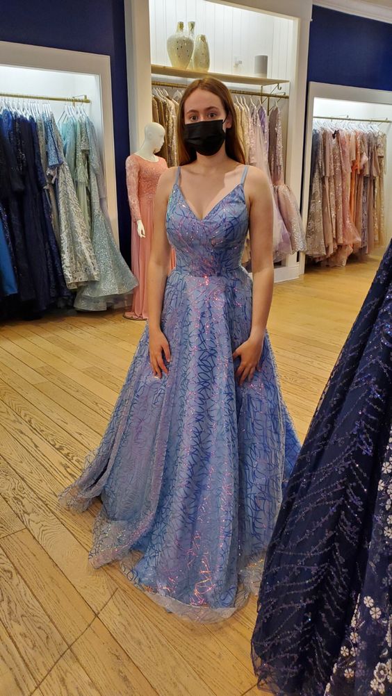 a-line blue prom dresses shinny praty gown fg1223
