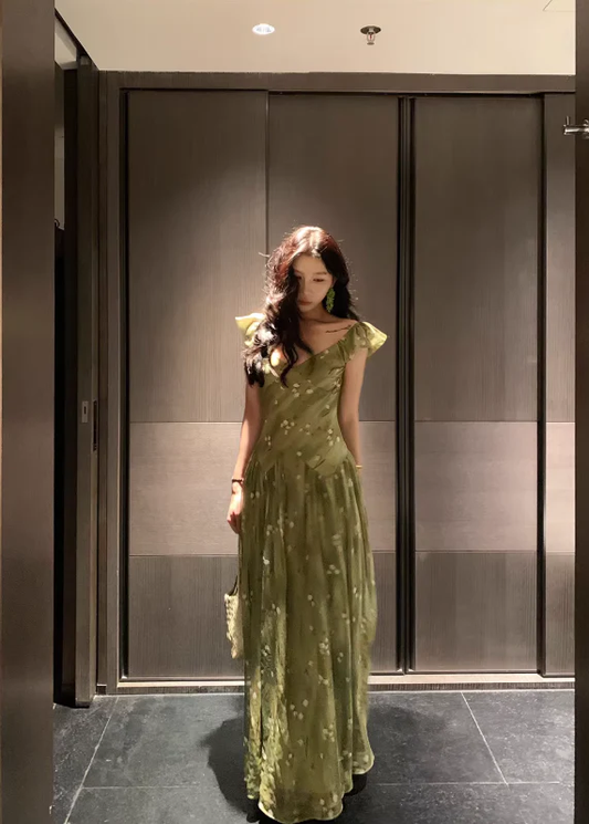 A Line V Neck Prom Party Dress Chiffon Green Flora Evening Dress fg8689
