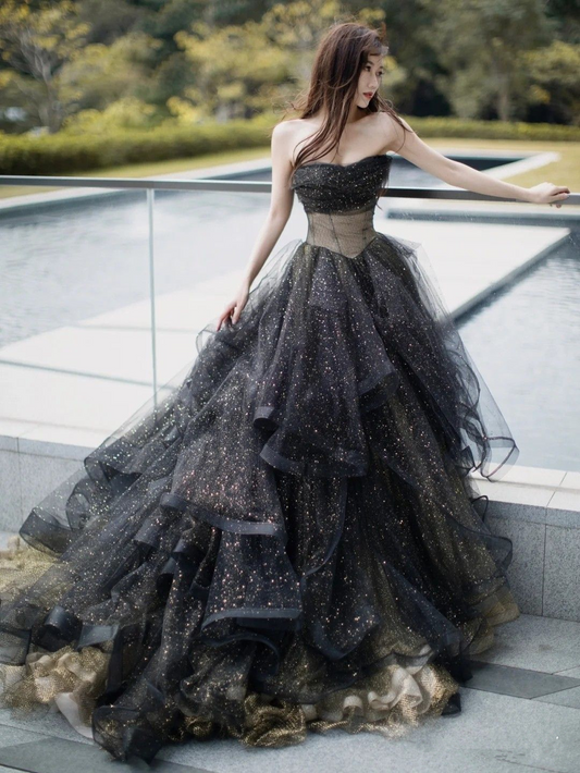 Black Sparkly Tulle Prom Dresses Strapless Ruffled Formal Gown Y2703