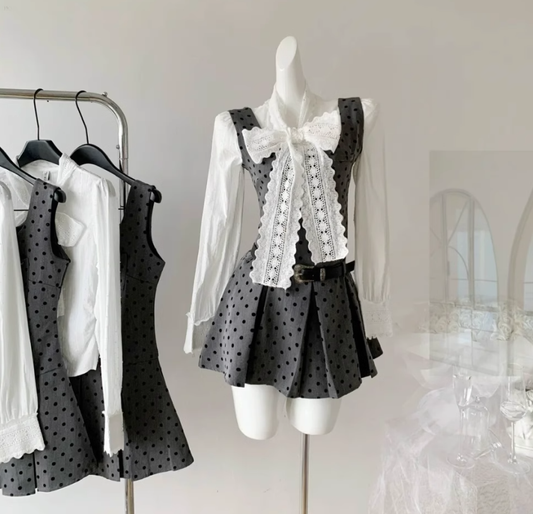 Gray polka dot suspender dress slim French retro lace bow tie shirt two-piece suit R0043