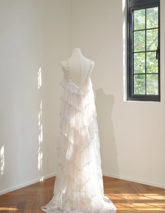 Classy Spaghetti Straps Tulle Sequin Beaded Layered Long Birthday Prom Dress Party Gown
