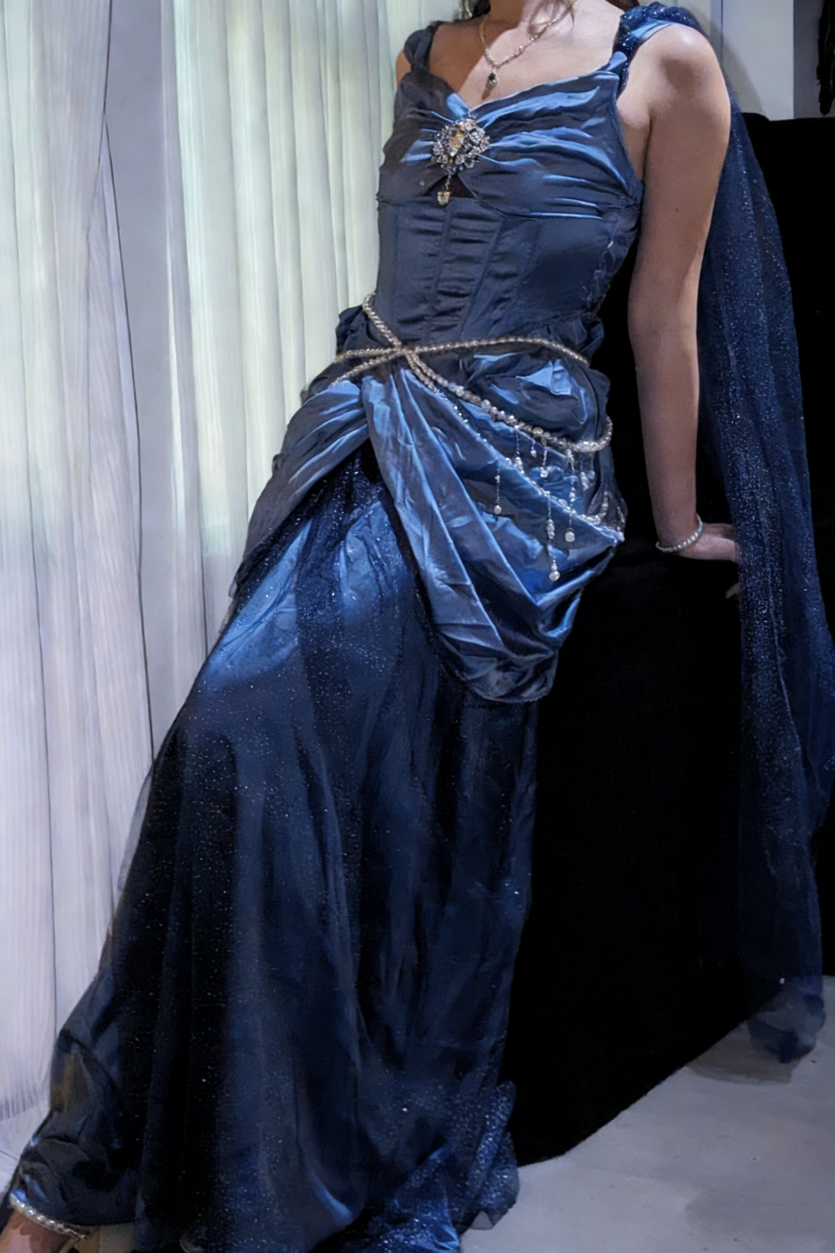 Classy V Neck Blue Satin Tulle Beaded Mermaid Party Dress Long Birthday Prom Dresses SP1765