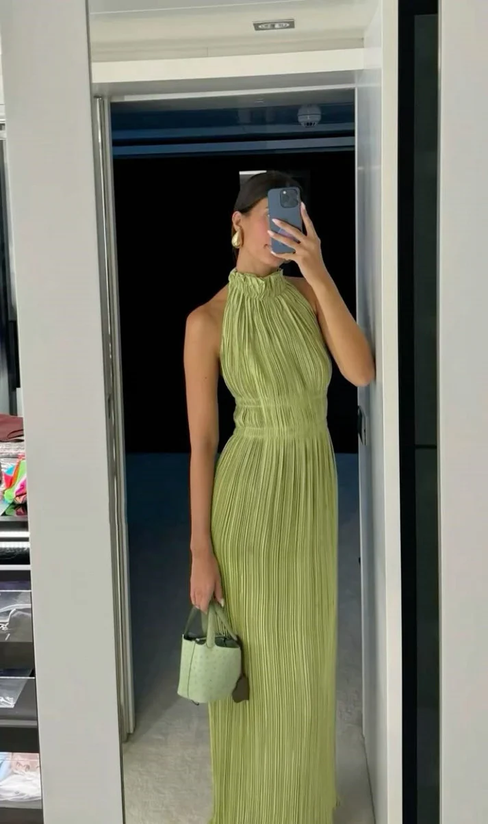 Sexy A line High Neck Sage Green Chiffon Prom Dresses Formal Summer Wedding Guest Dresses Wedding Guest Outfit fg8544