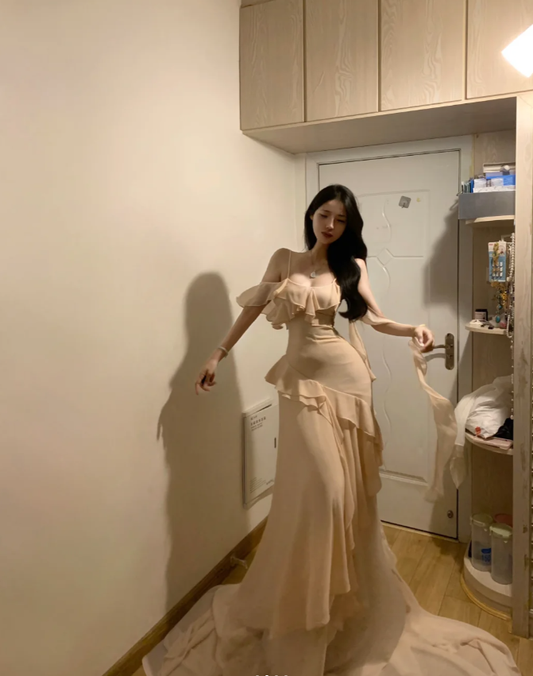 Classy Spaghetti Straps Apricot Chiffon Ruffles Mermaid Evening Dress Long Prom Gown