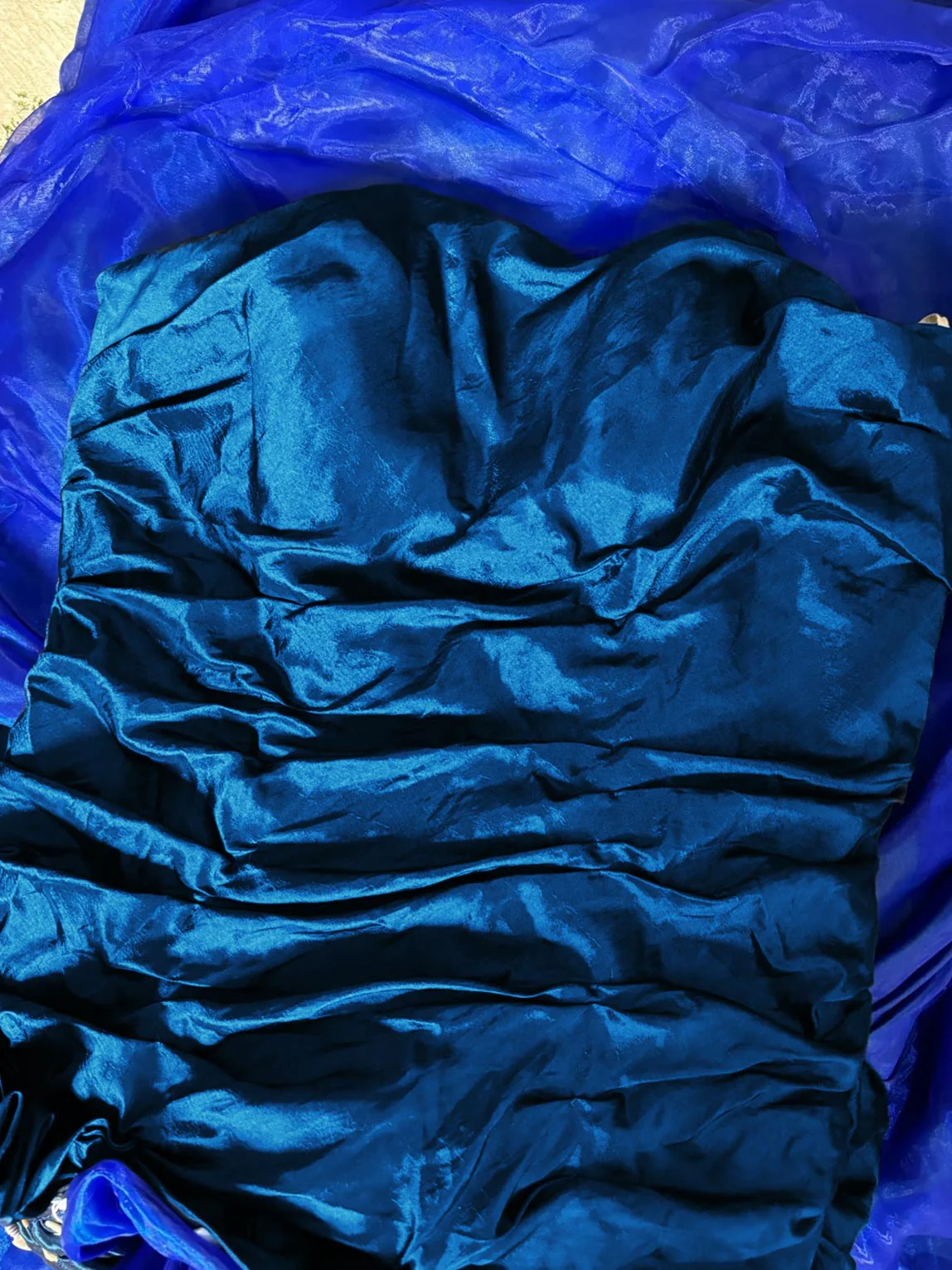 Retro Strapless Satin Tulle Mermaid Evening Dress Blue Long Party Dress Prom Gown With Flowers