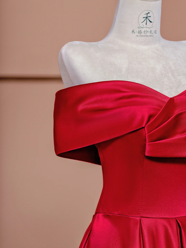 Red off-the-shoulder fitted long ball gown, bridal dress R8426