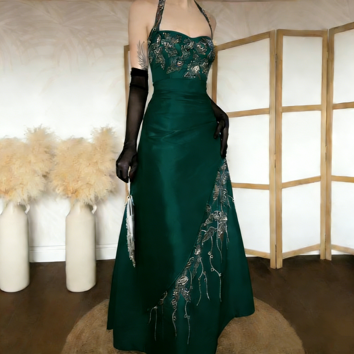 Vintage Halter Brown Satin Beaded Mermaid Evening Dress Long Party Dress Prom Gown With Gloves