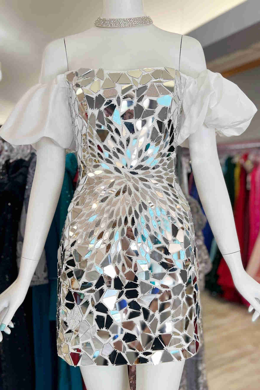 Off the Shoulder Silver Cut Glass Mirror Homecoming Dress Y1919