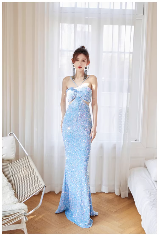 Glitter Blue Sequin Mermaid Long Wedding Guest Dress Formal Evening Dress Party Gown